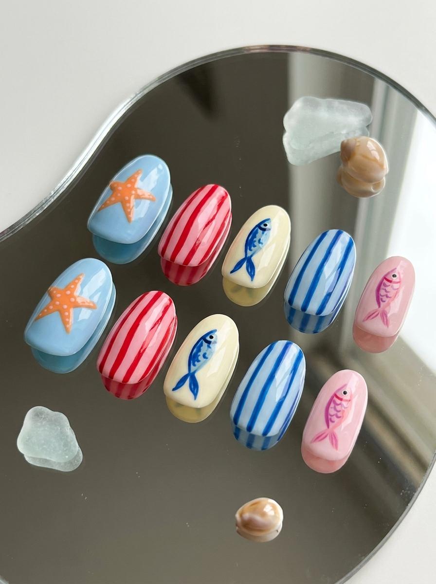 Ocean Beach Nails with Starfish, Fish, and Stripes