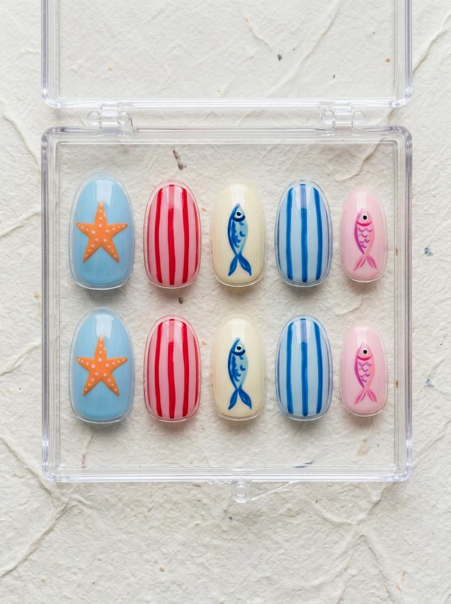 Ocean Beach Nails with Starfish, Fish, and Stripes