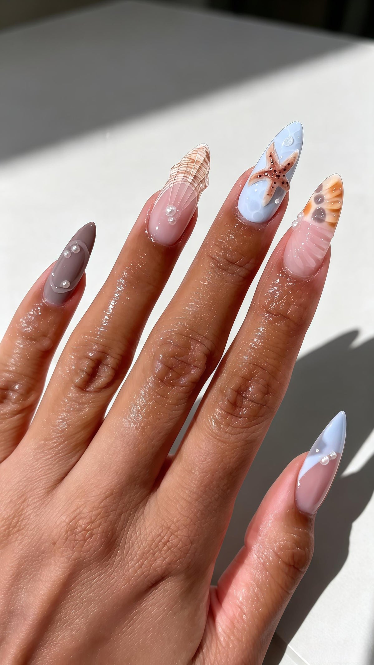 Ocean Beach Press On Nails With 3D Starfish, Shell Details and Pearl Accents