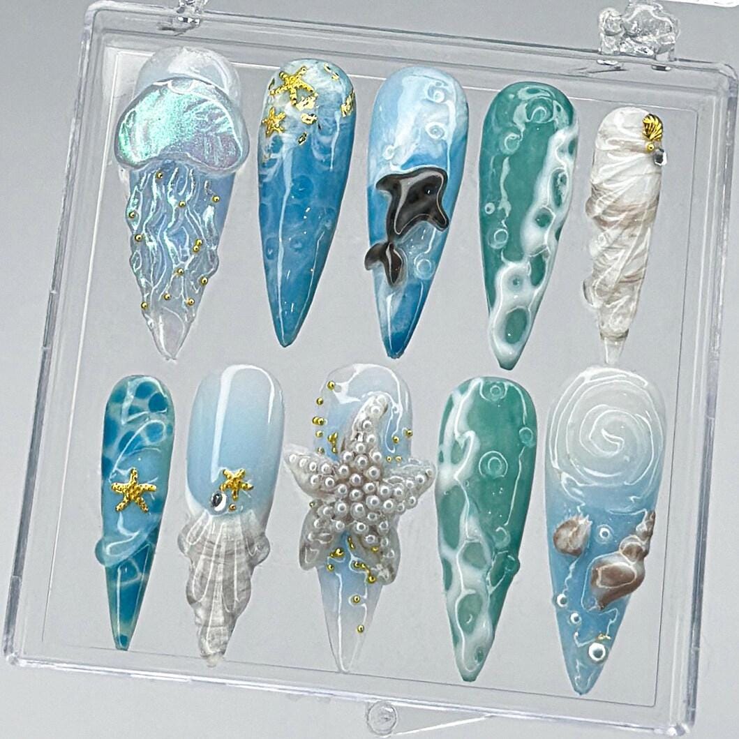 Ocean Blue 3D Jellyfish, Starfish & Seashell Press-On Nail Set