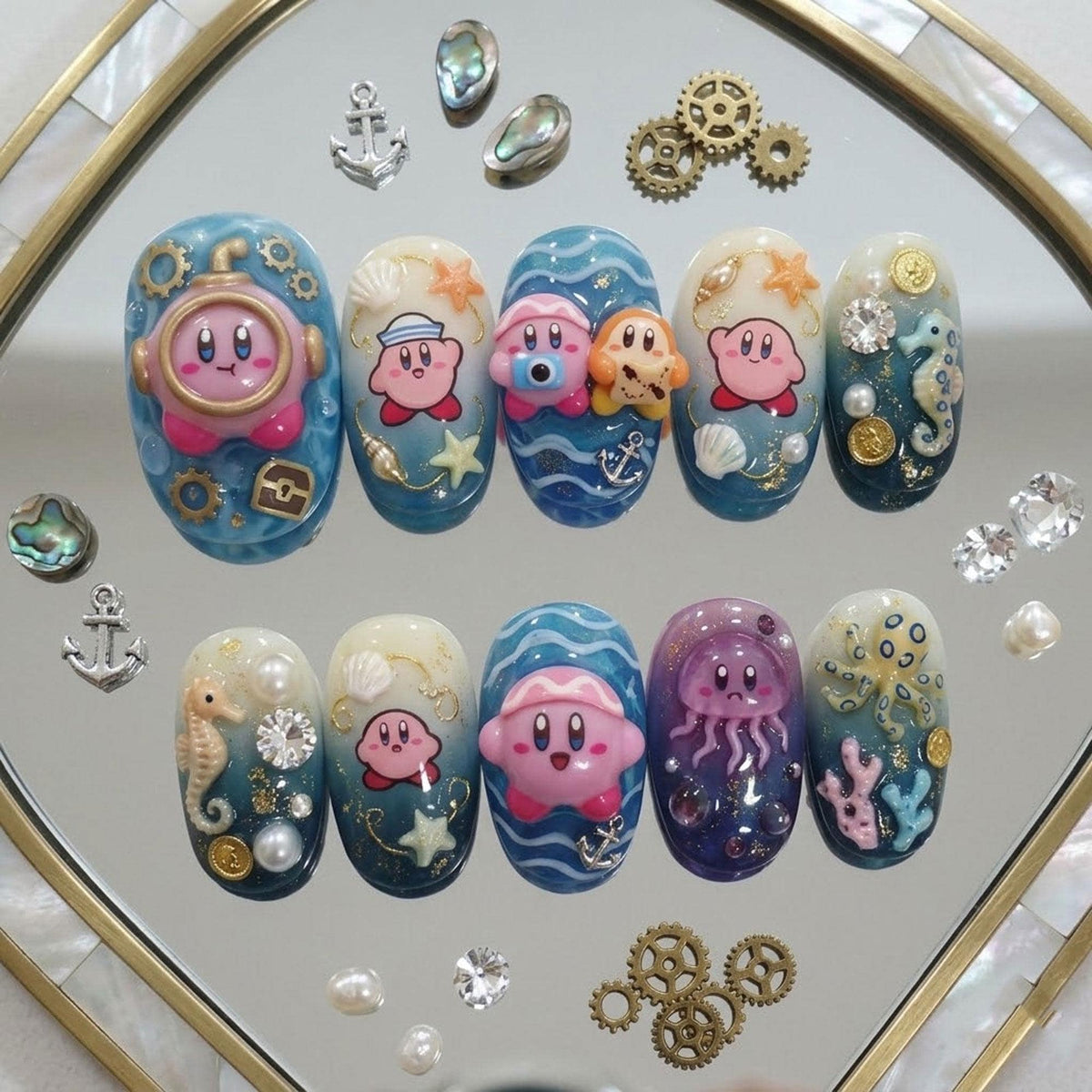 Ocean Cartoon Press-On Nails with Wave Patterns, Sea Creatures, Charms and Rhinestones