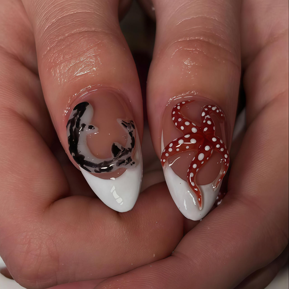 Ocean Creature Press On Nails With Glossy Nude and White Tips