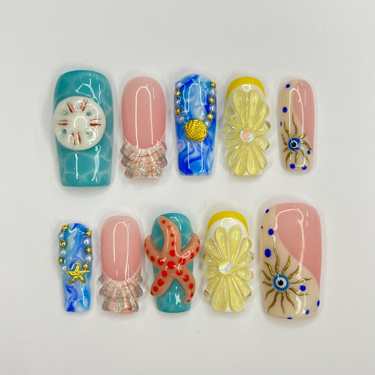 Ocean-Inspired Press-On Nails with Shells, Starfish, and Sculpted Flowers
