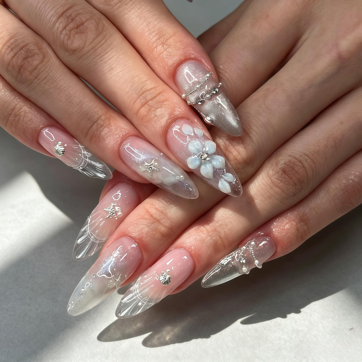 Ocean Shell Press-On Nails with 3D Flowers, Silver Starfish and Pearls