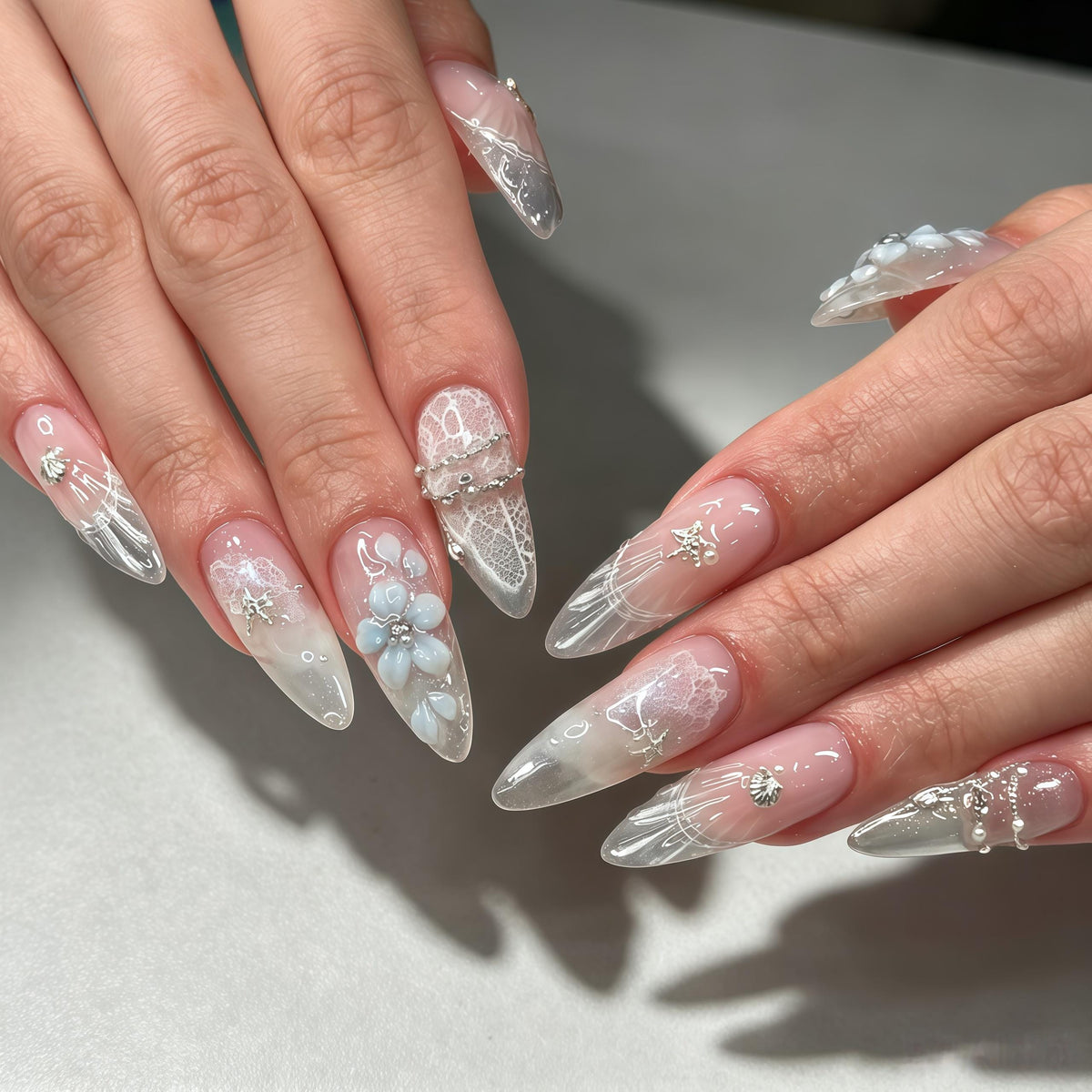 Ocean Shell Press-On Nails with 3D Flowers, Silver Starfish and Pearls