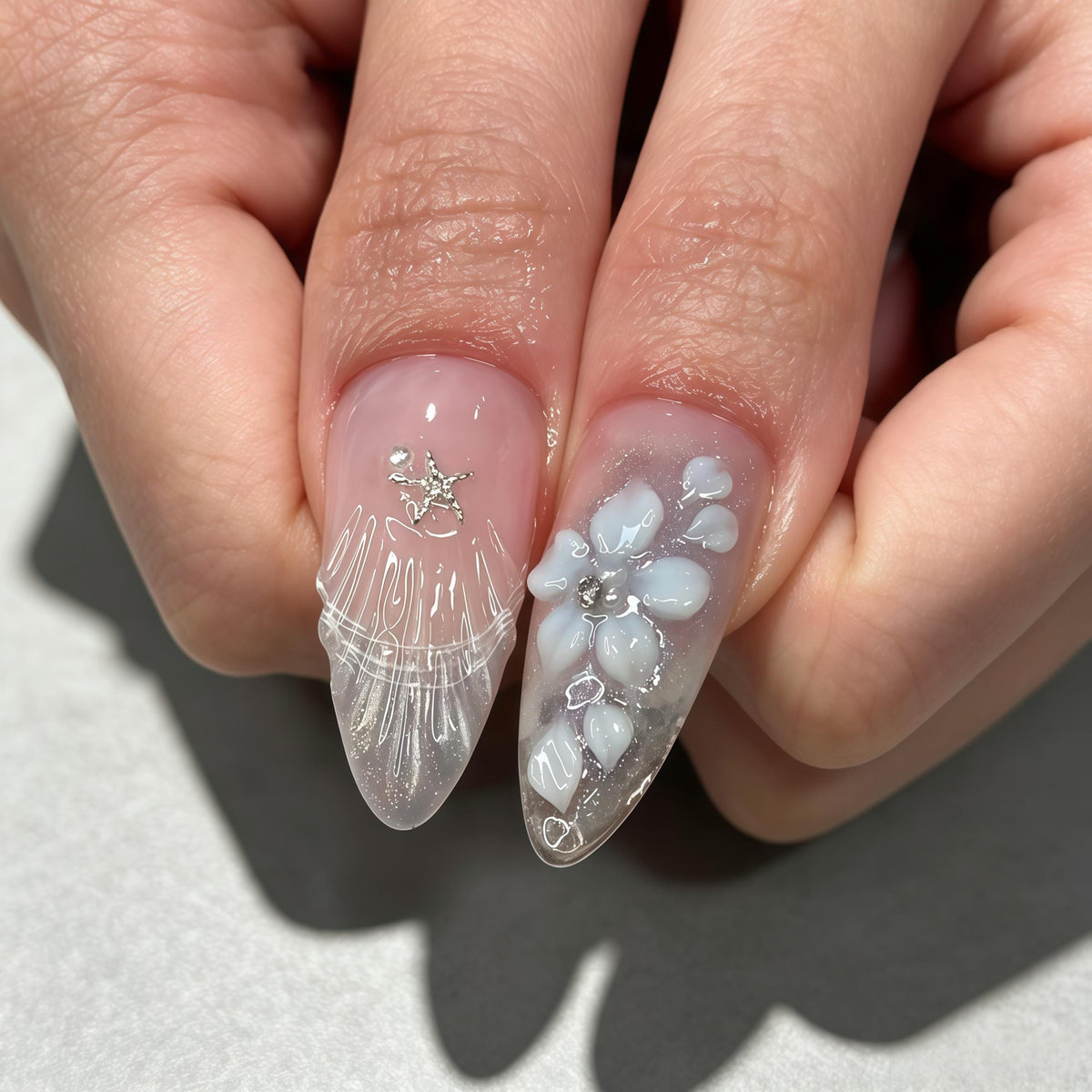 Ocean Shell Press-On Nails with 3D Flowers, Silver Starfish and Pearls