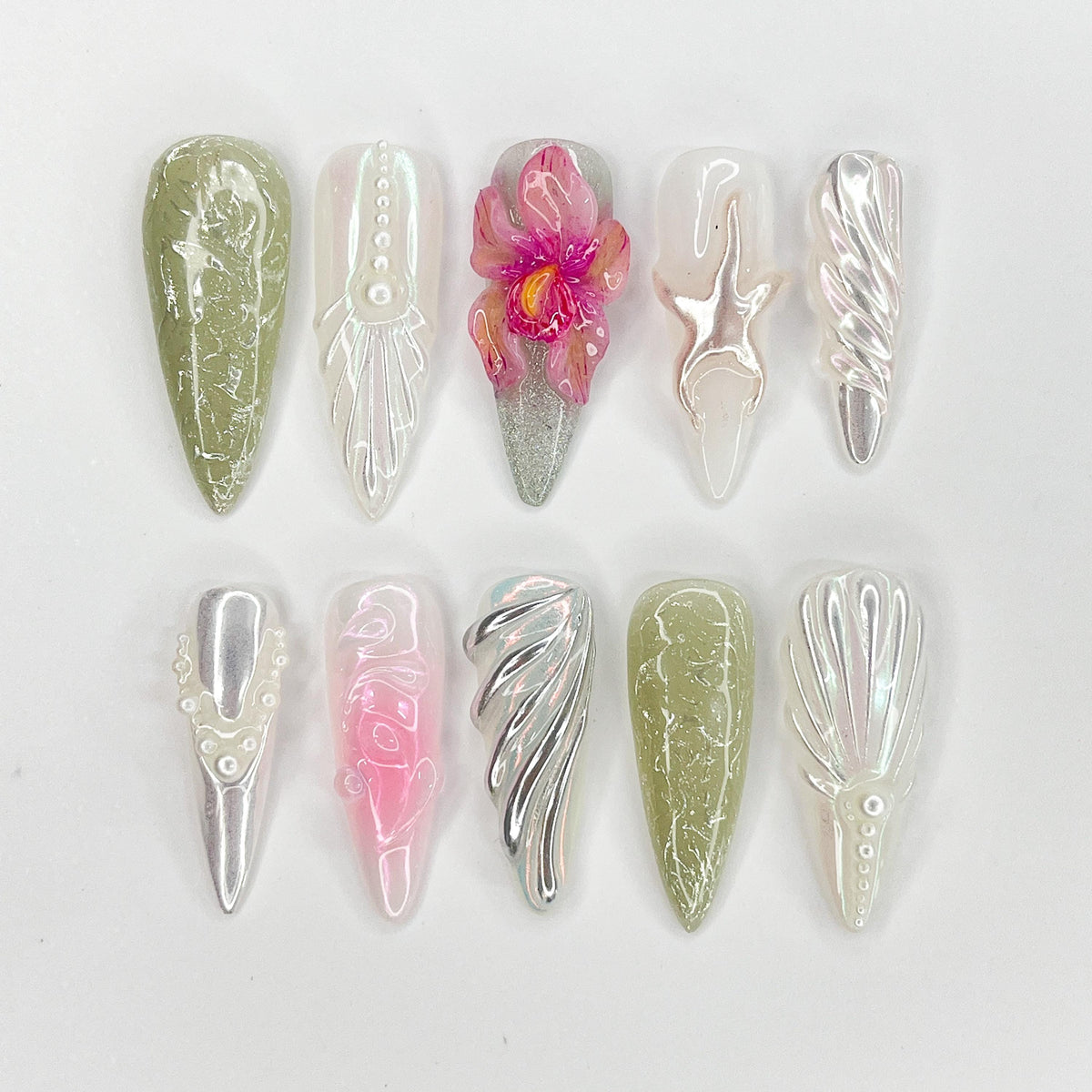 Olive Green and Pink Orchid Press On Nails with Pearl Shell Details and Starfish