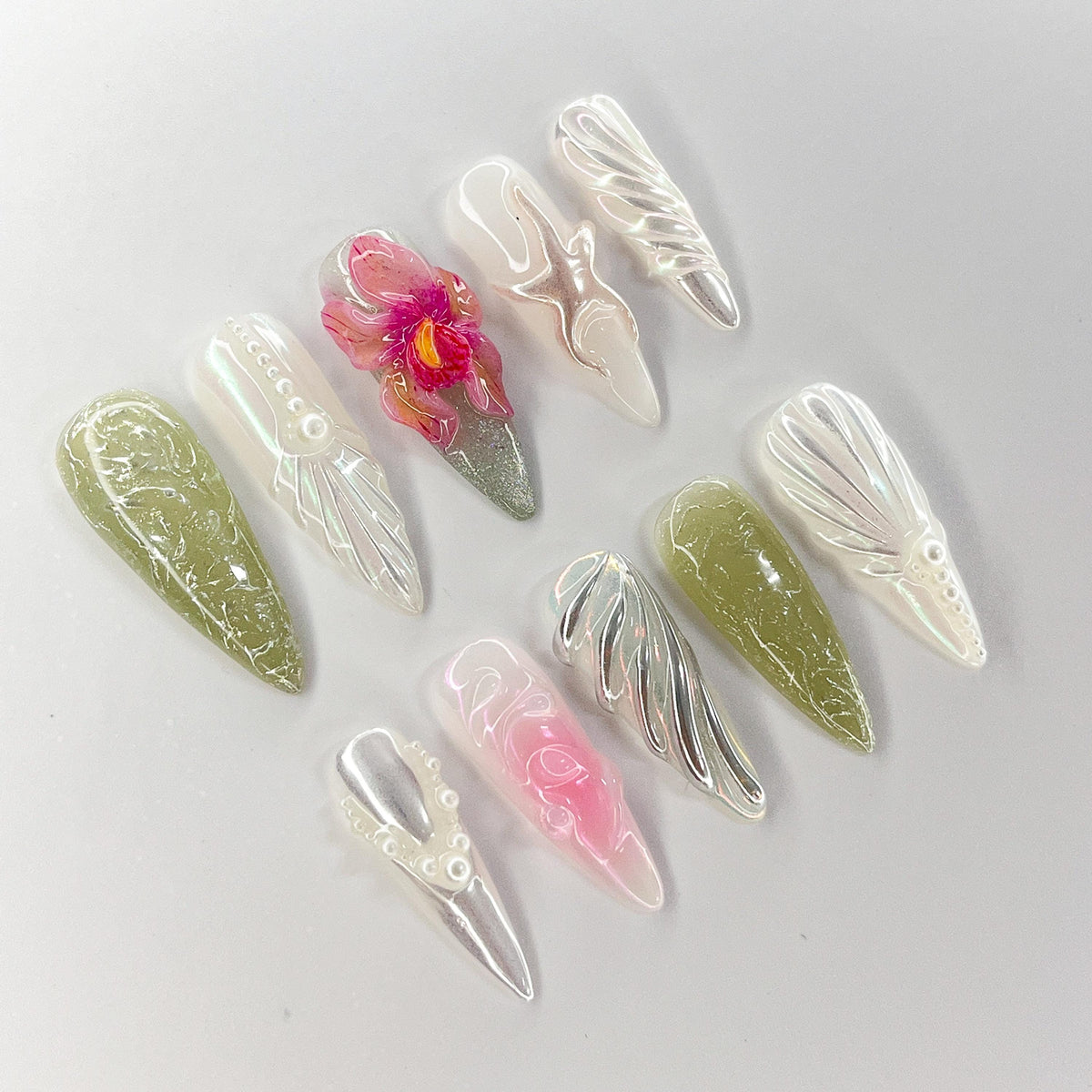 Olive Green and Pink Orchid Press On Nails with Pearl Shell Details and Starfish