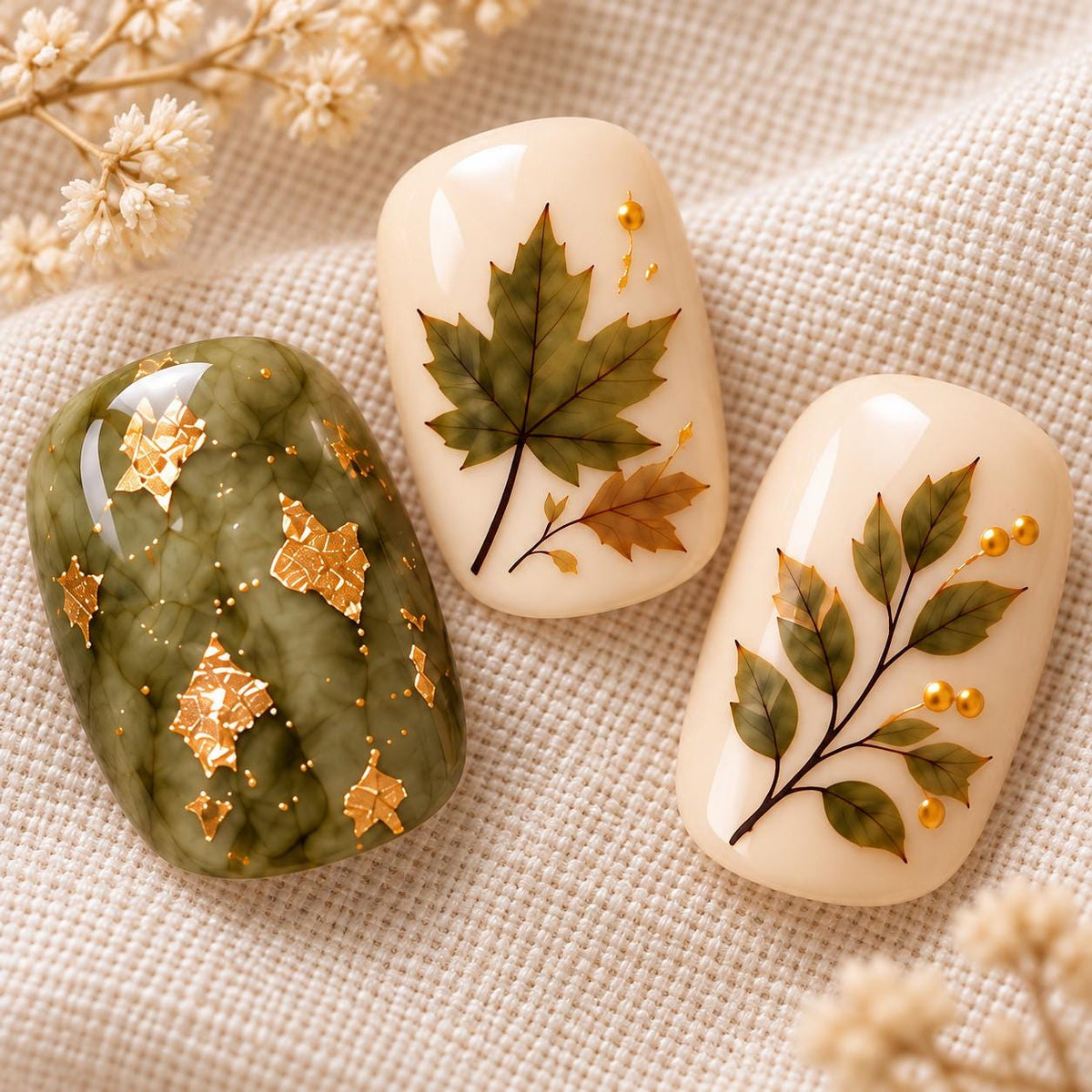 Olive Green and Sage Press-On Nails With Autumn Leaves, Gold Glitter and Marble Foil