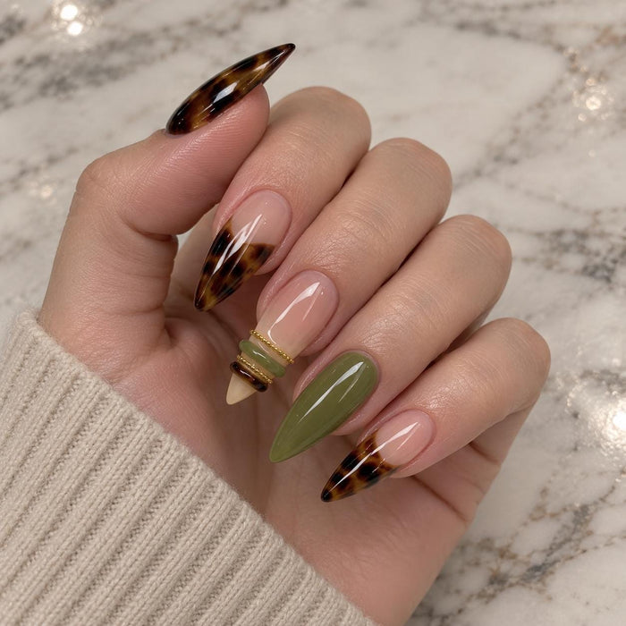Olive Green and Tortoiseshell French Tip Press On Nails with Gold Ring Accents for Fall
