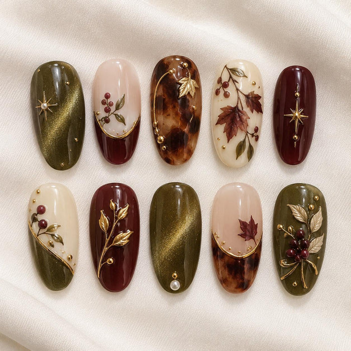 Olive Green Cat-Eye and Burgundy Fall Botanical Press On Nails with Tortoiseshell and Gold Details