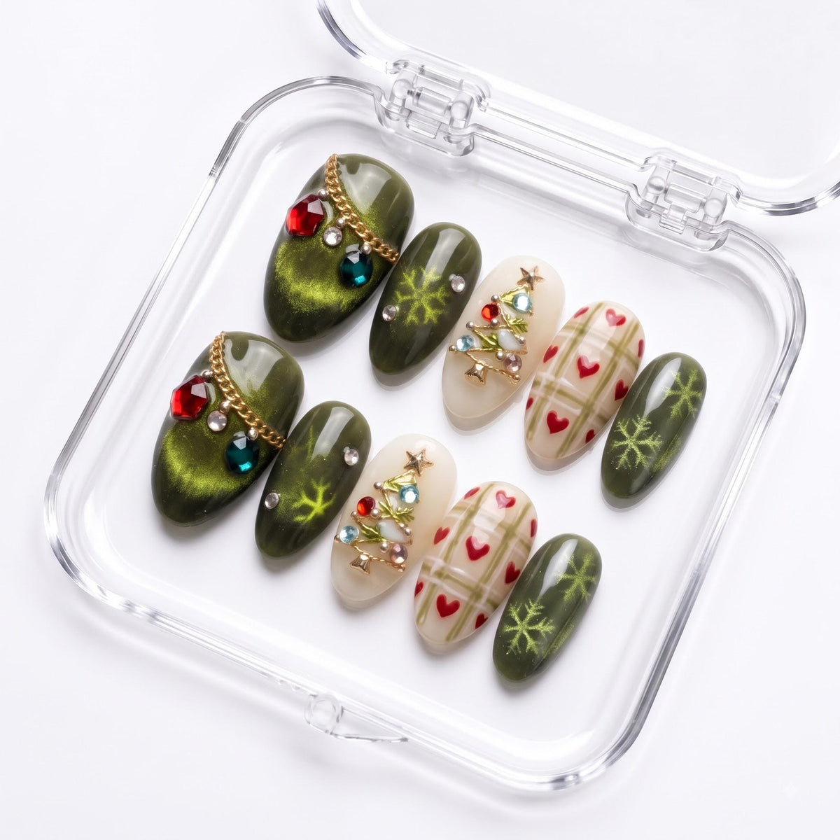 Olive Green Cat Eye Christmas Nails with Plaid Hearts and Jeweled Tree Accents