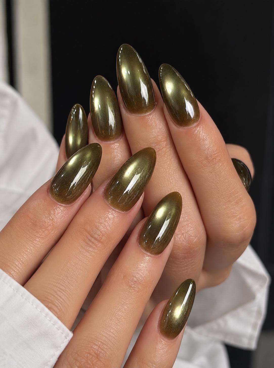 Olive Green Cat Eye Press-On Nails With Bronze-Gold Shimmer