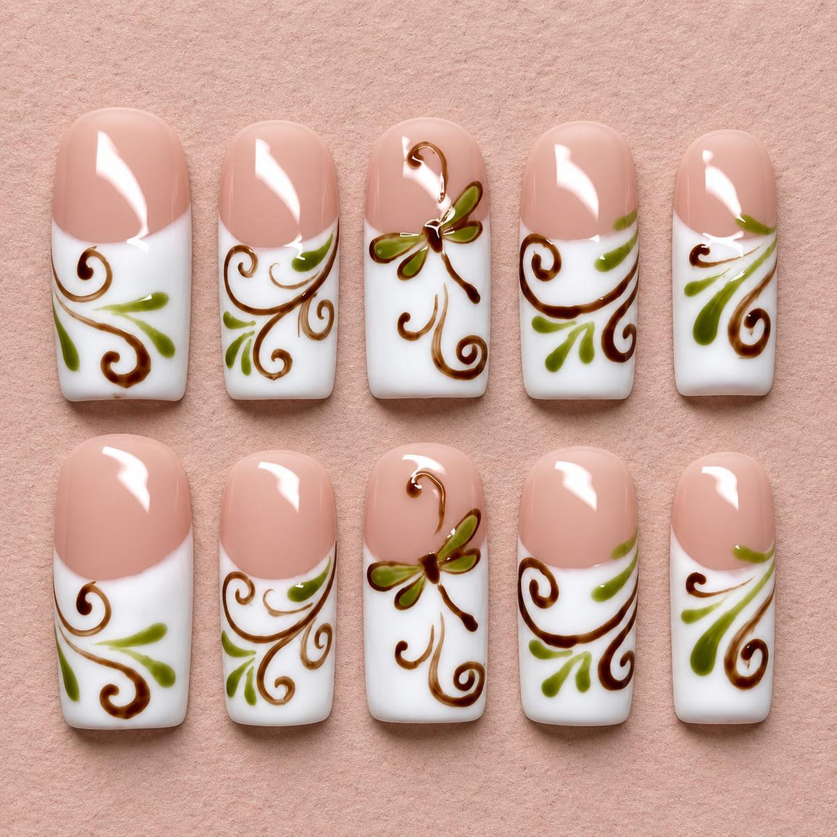 Olive Green Dragonfly Nails With Brown Botanical Swirls and White French Tips