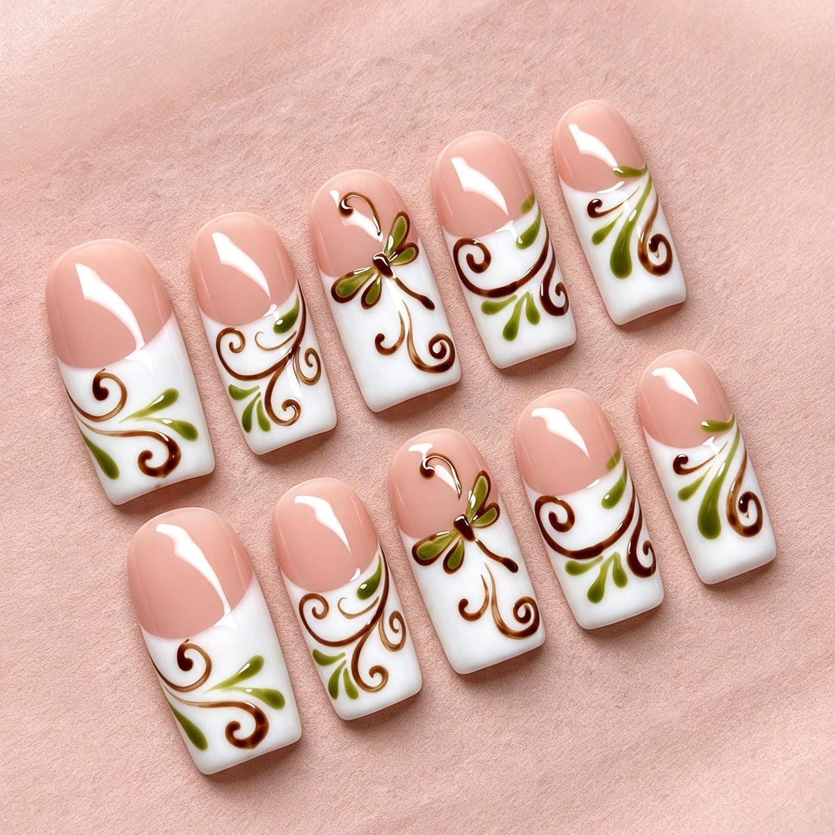 Olive Green Dragonfly Nails With Brown Botanical Swirls and White French Tips