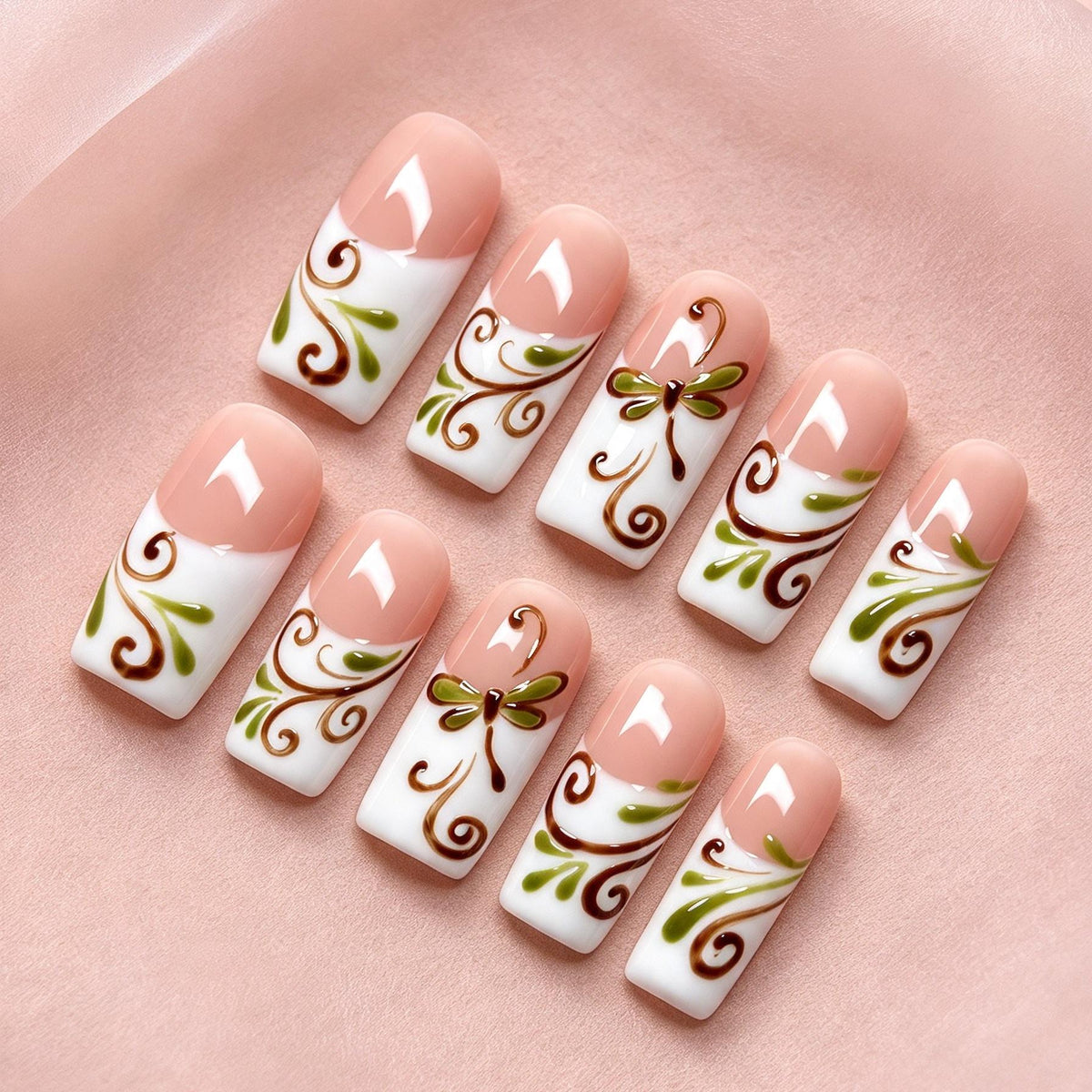 Olive Green Dragonfly Nails With Brown Botanical Swirls and White French Tips