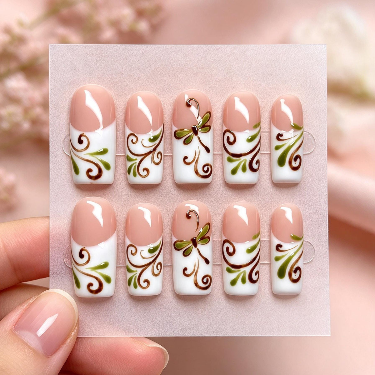 Olive Green Dragonfly Nails With Brown Botanical Swirls and White French Tips