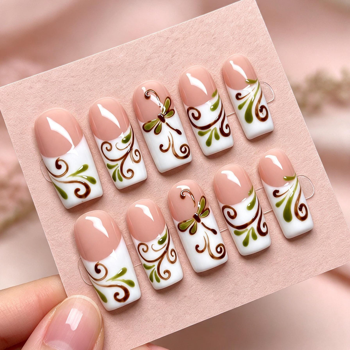 Olive Green Dragonfly Nails With Brown Botanical Swirls and White French Tips