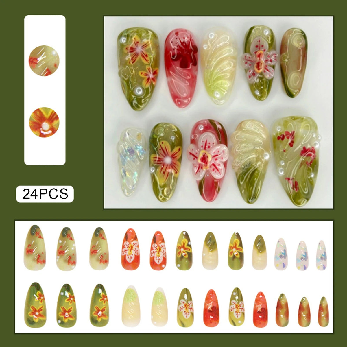Olive Green Floral Press-On Nails with Coral Flowers and Swirled Marble Accents