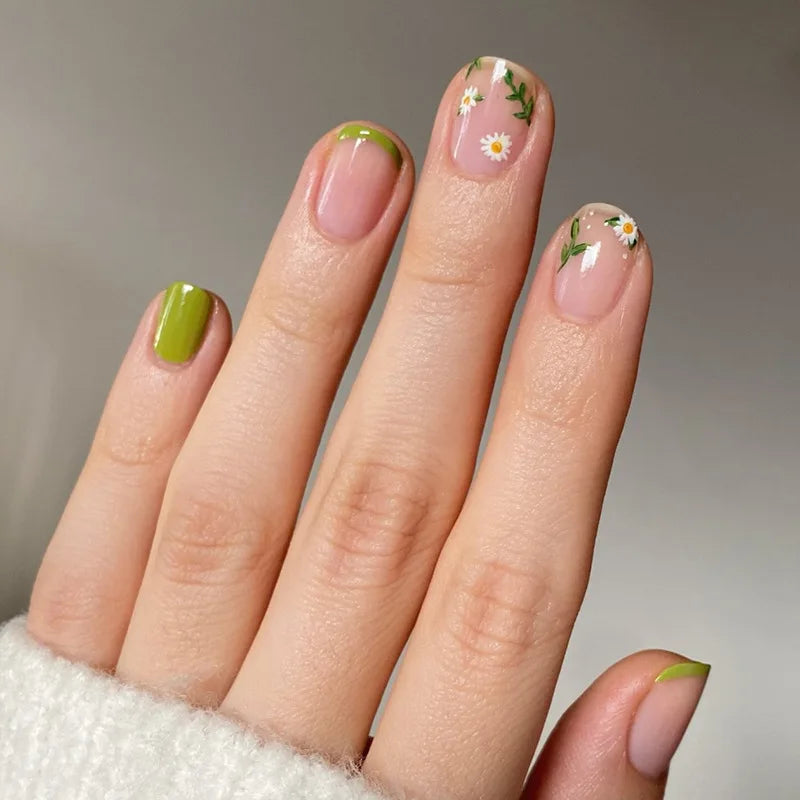 Olive Green French Tip Nails with Delicate White Flowers