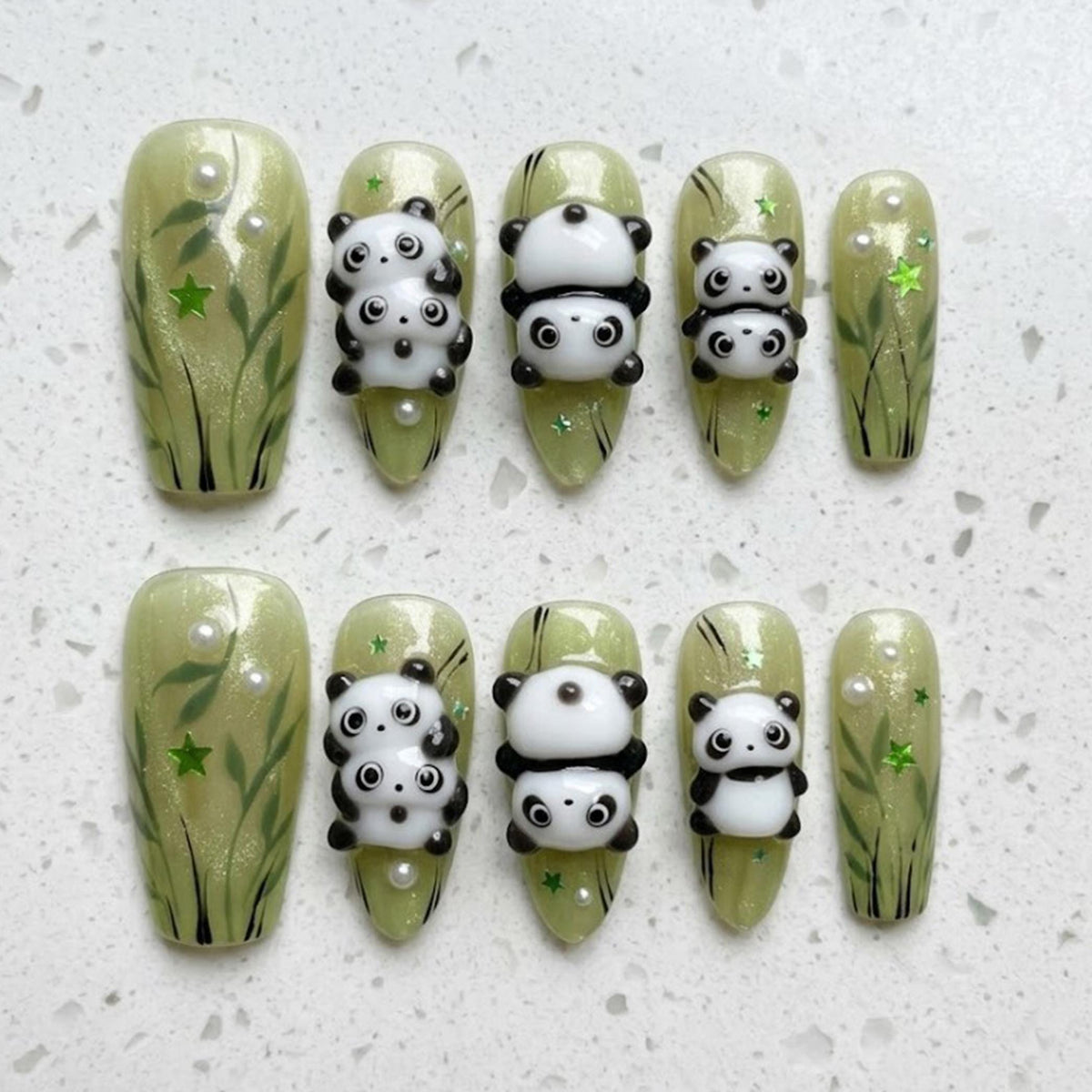 Olive Green Panda and Bamboo 3D Nail Set