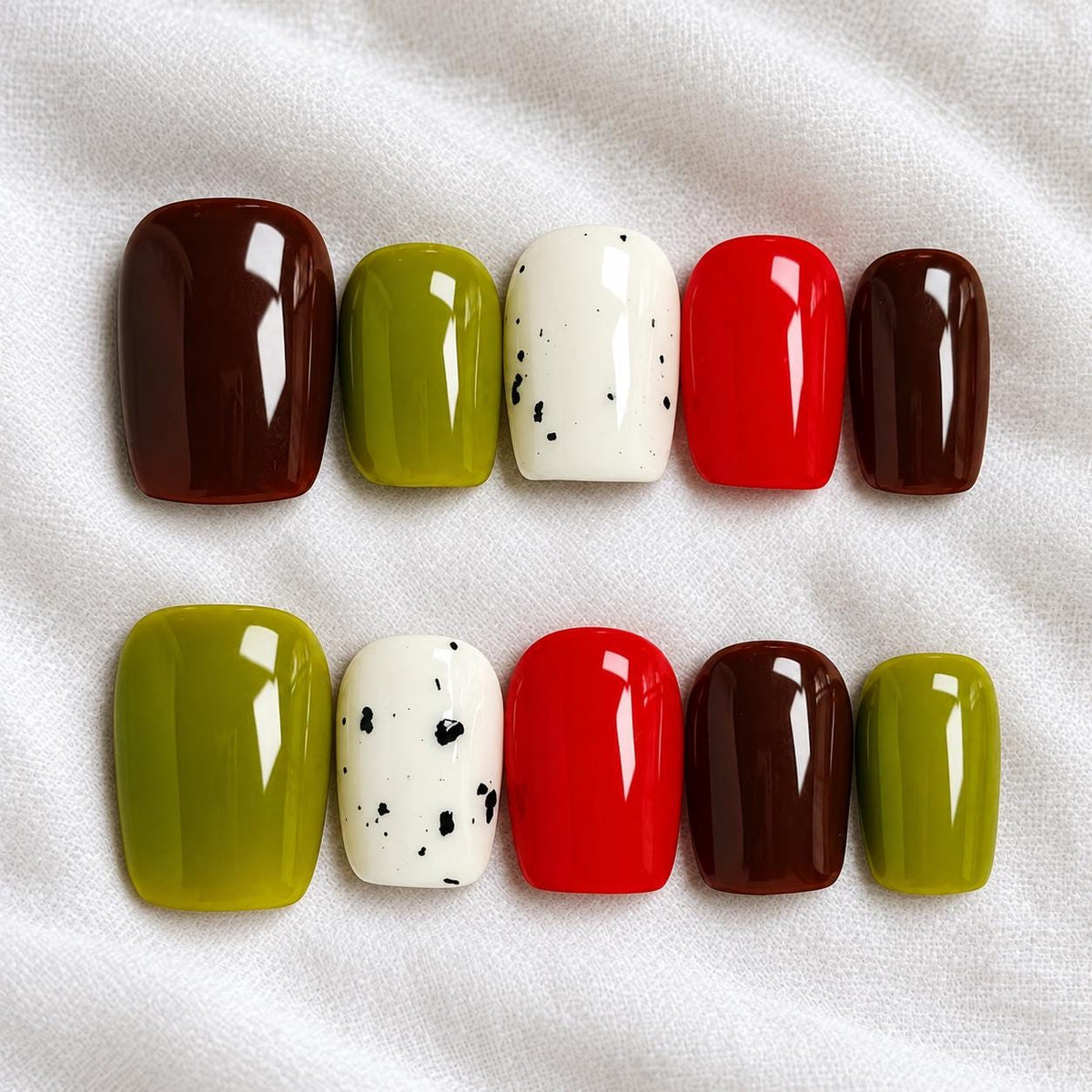 Olive Green, Red and Reddish Brown Fall Press On Nails With Black Speckles