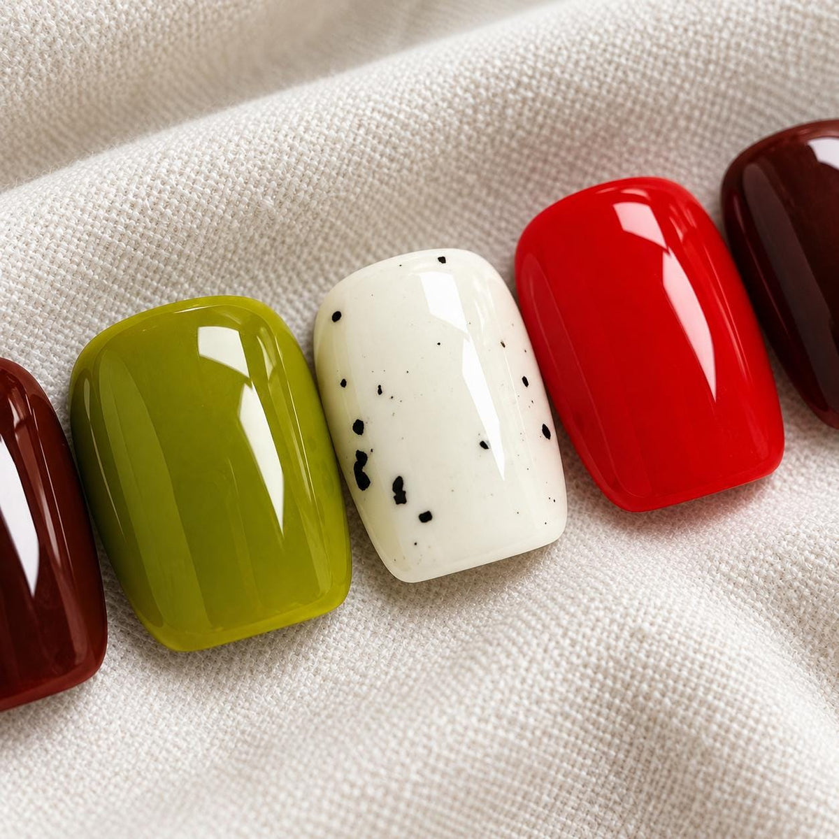 Olive Green, Red and Reddish Brown Fall Press On Nails With Black Speckles