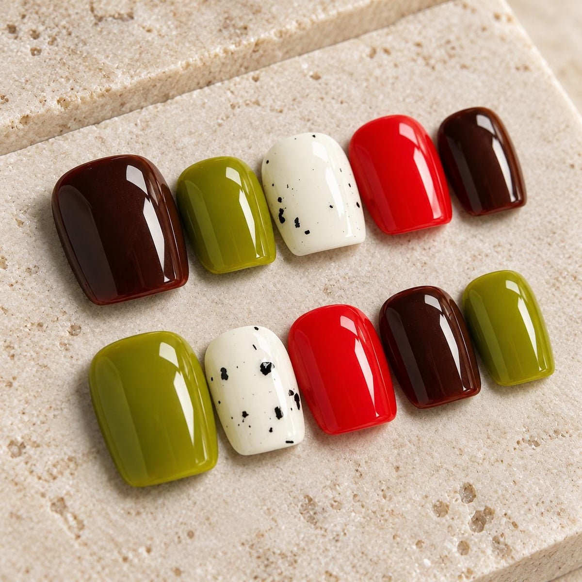 Olive Green, Red and Reddish Brown Fall Press On Nails With Black Speckles