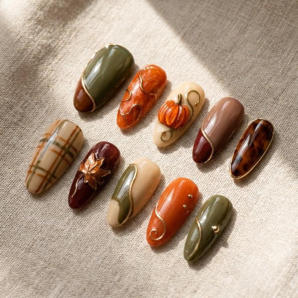 Olive, Rust, and Tortoiseshell Fall Nails With Raised Pumpkin and Leaf Accents