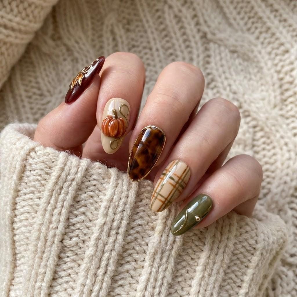 Olive, Rust, and Tortoiseshell Fall Nails With Raised Pumpkin and Leaf Accents