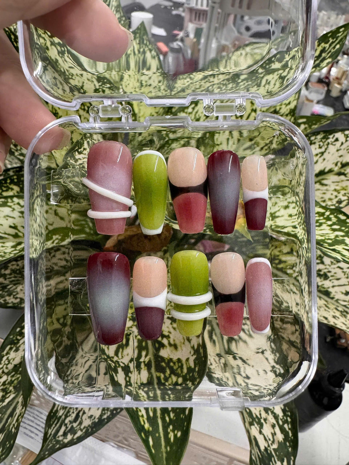 Olive, Wine, and Blush Abstract Ombre Press On Nails