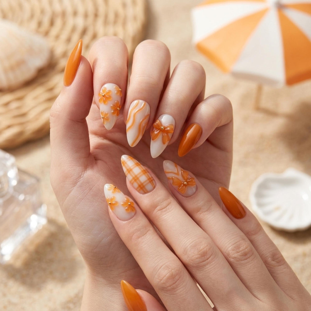 Orange 3D Flower and Bow Press On Nails with Plaid and Swirls