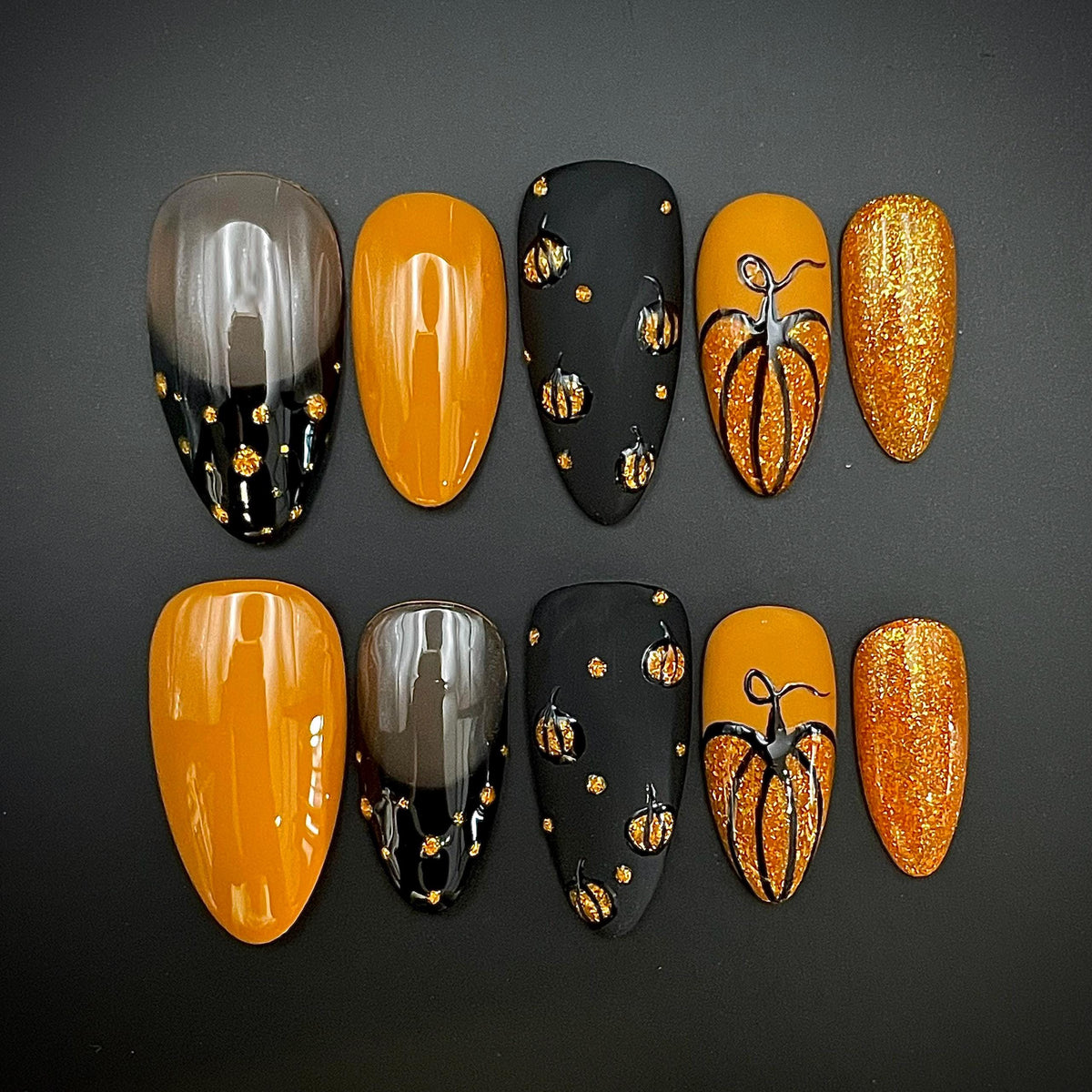 Orange and Black Pumpkin Fall Halloween Press On Nails with Gold Glitter Accents