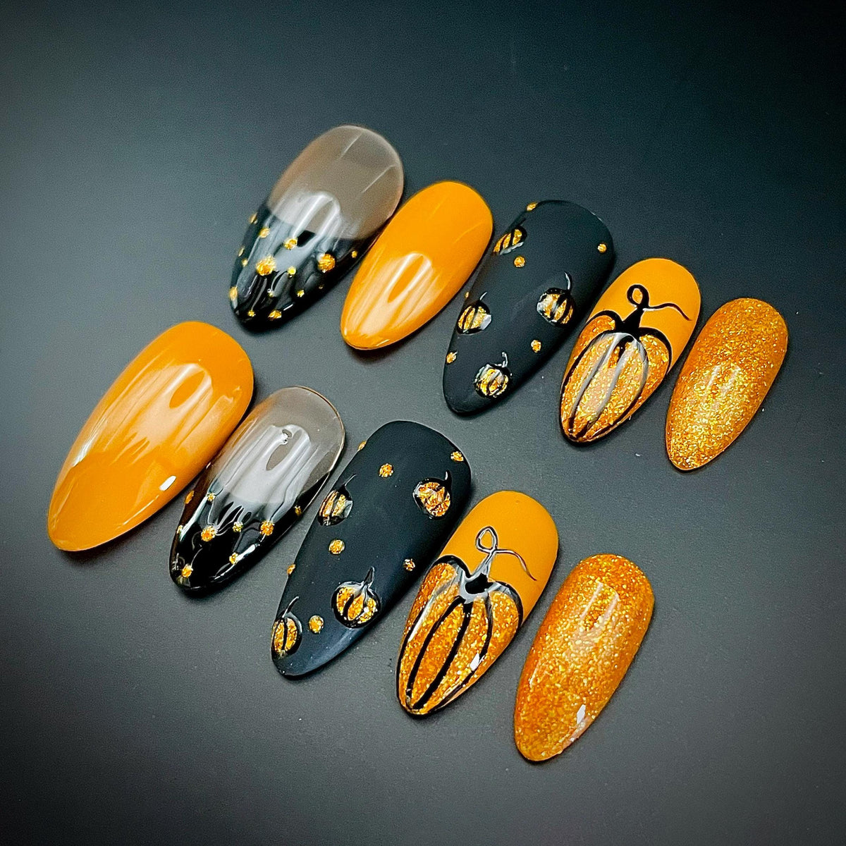 Orange and Black Pumpkin Fall Halloween Press On Nails with Gold Glitter Accents