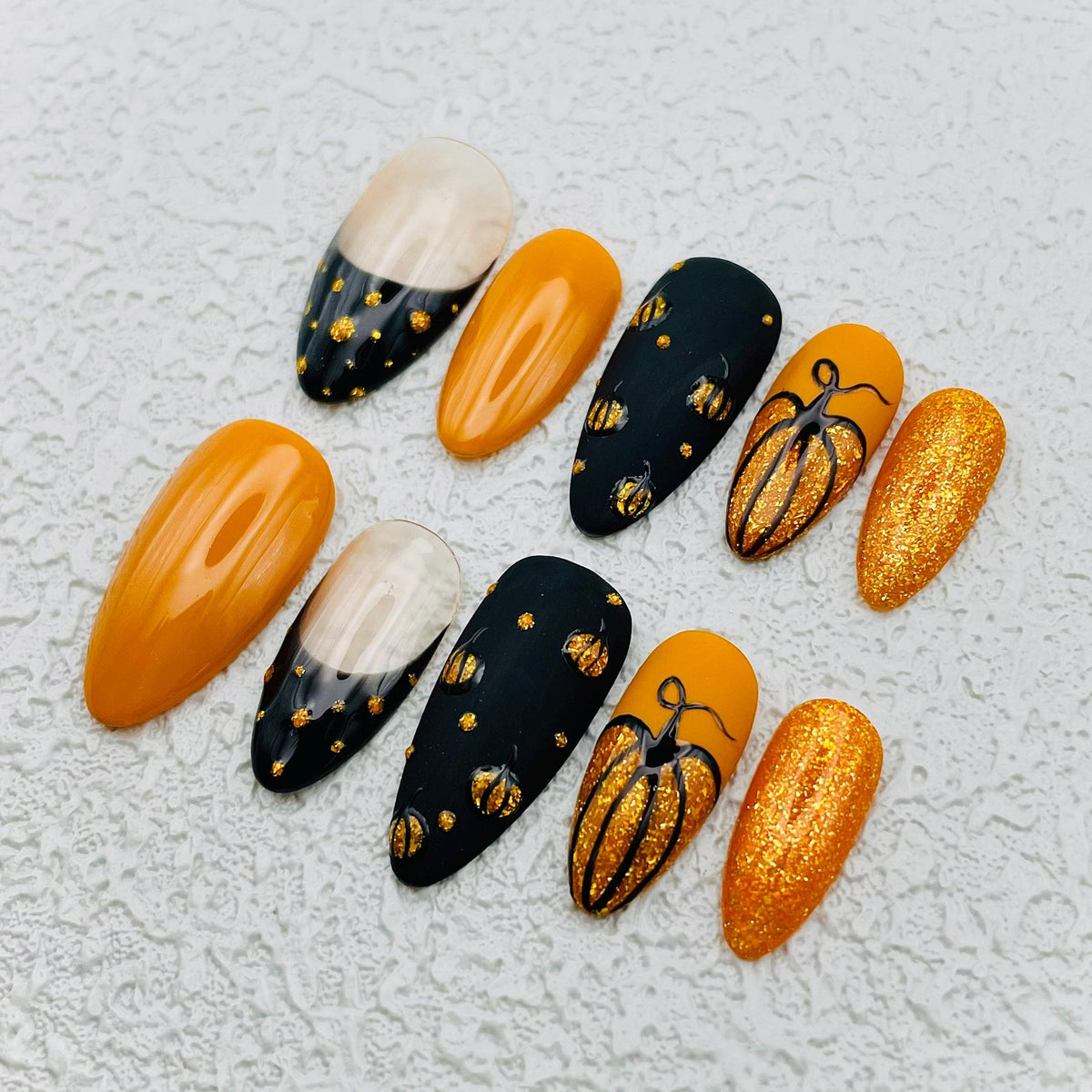 Orange and Black Pumpkin Fall Halloween Press On Nails with Gold Glitter Accents