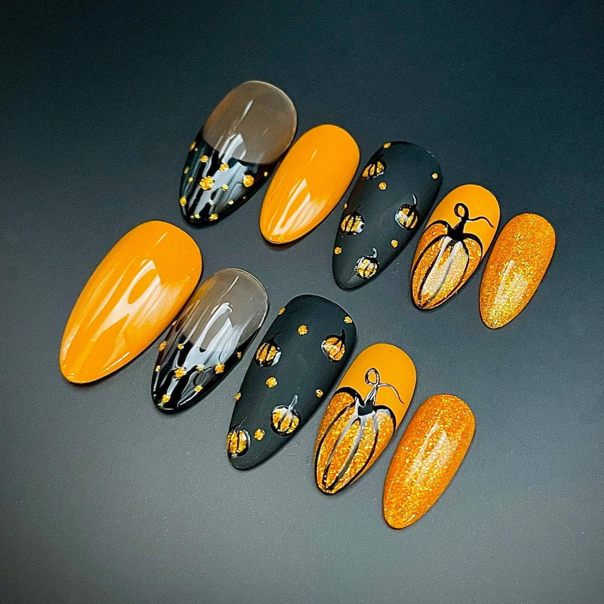 Orange and Black Pumpkin Fall Halloween Press On Nails with Gold Glitter Accents