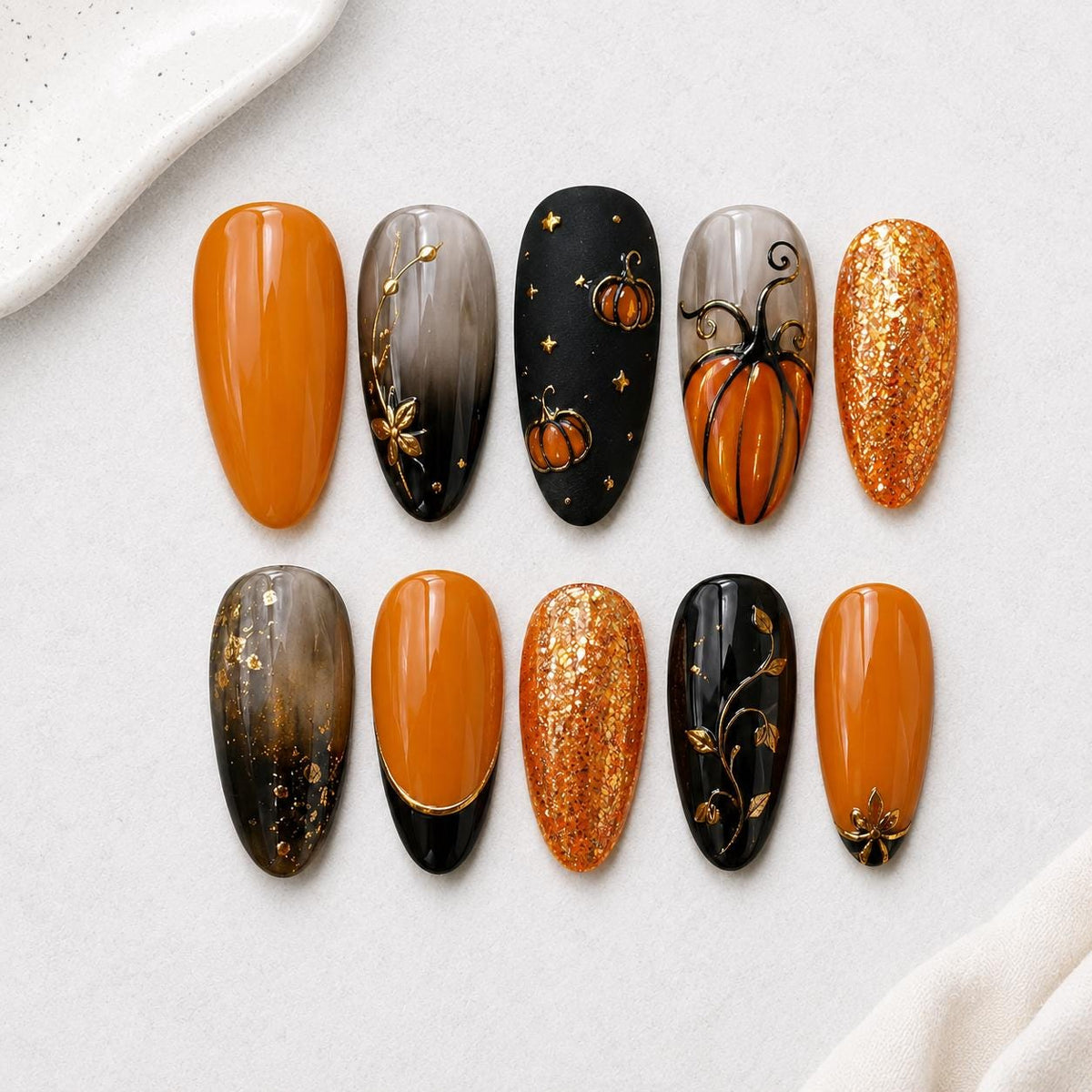 Orange and Black Pumpkin Nails with Gold Glitter and Fall Accents