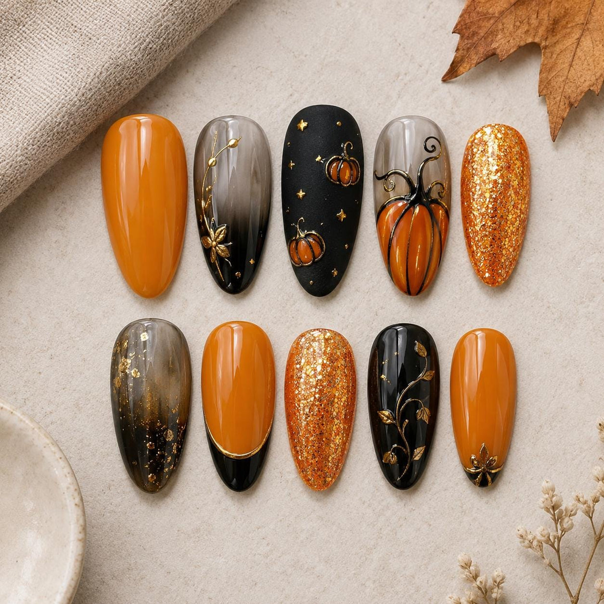 Orange and Black Pumpkin Nails with Gold Glitter and Fall Accents