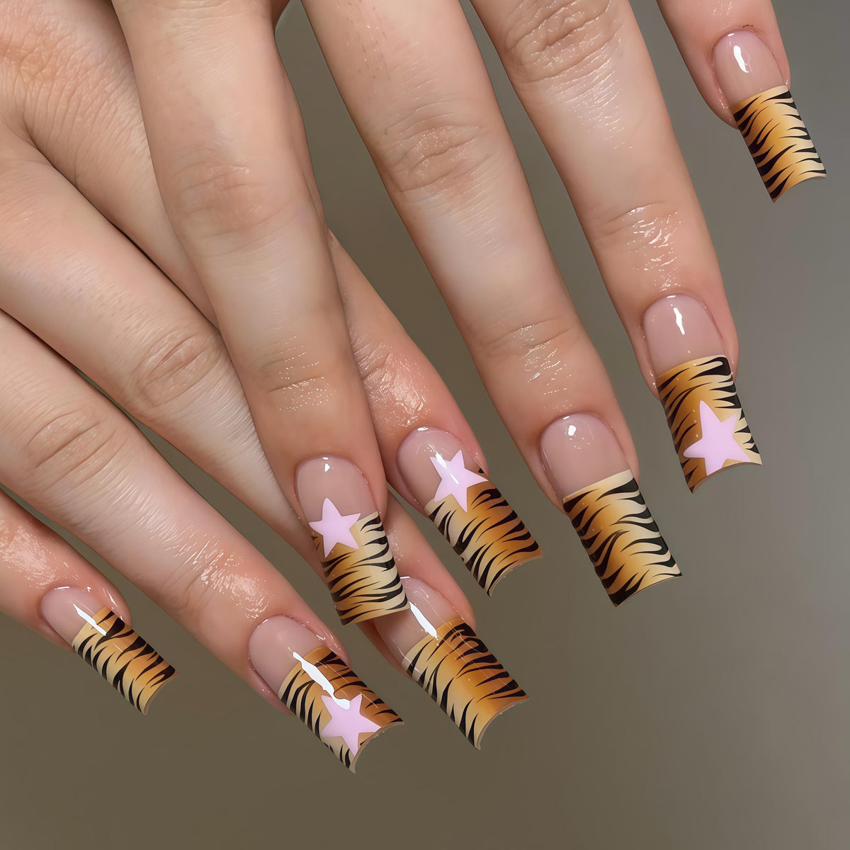 Orange and Black Tiger Stripe Press On Nails with Pale Pink Stars