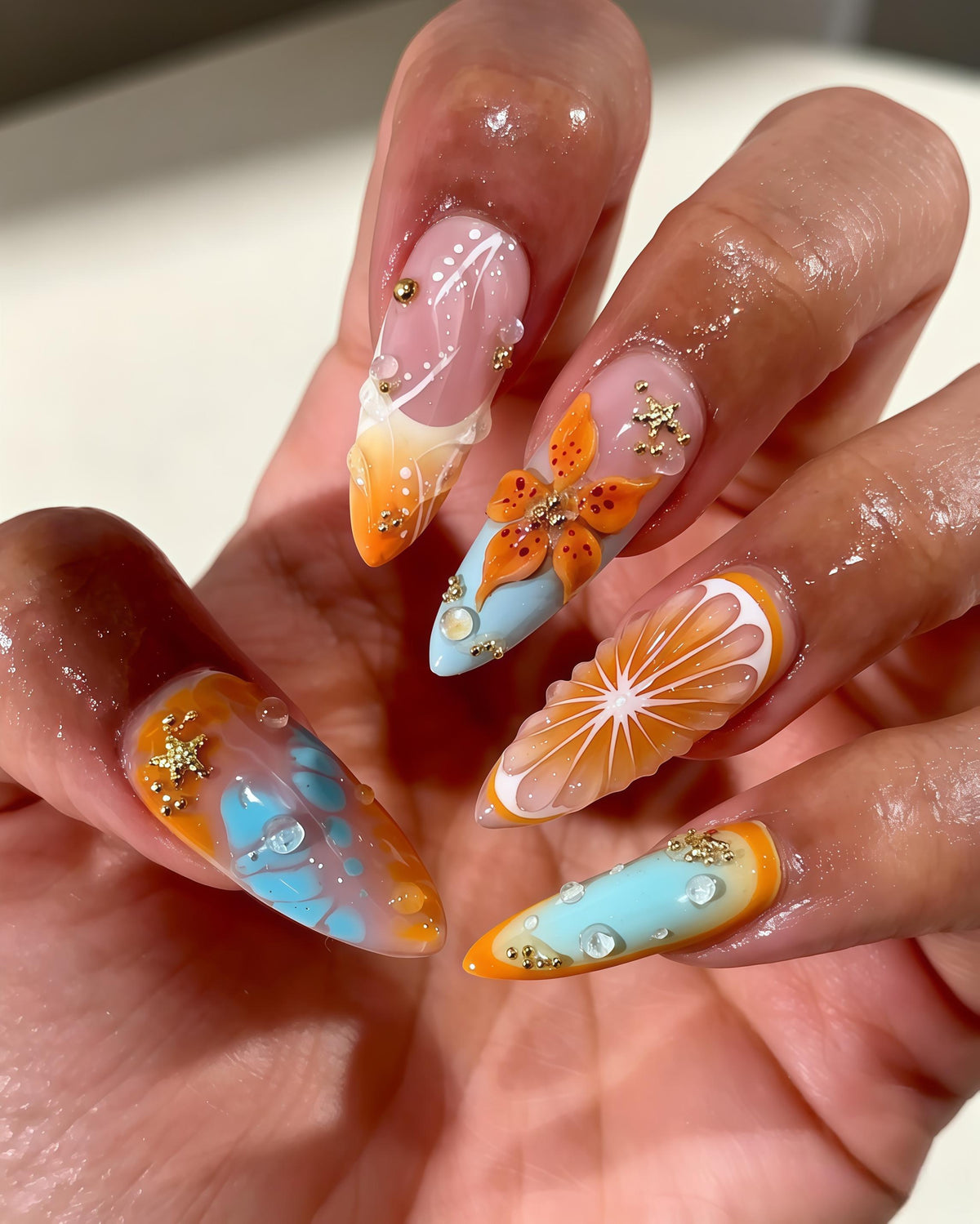Orange and Blue Citrus Flower Press On Nails with Gold Flakes and Raised Details