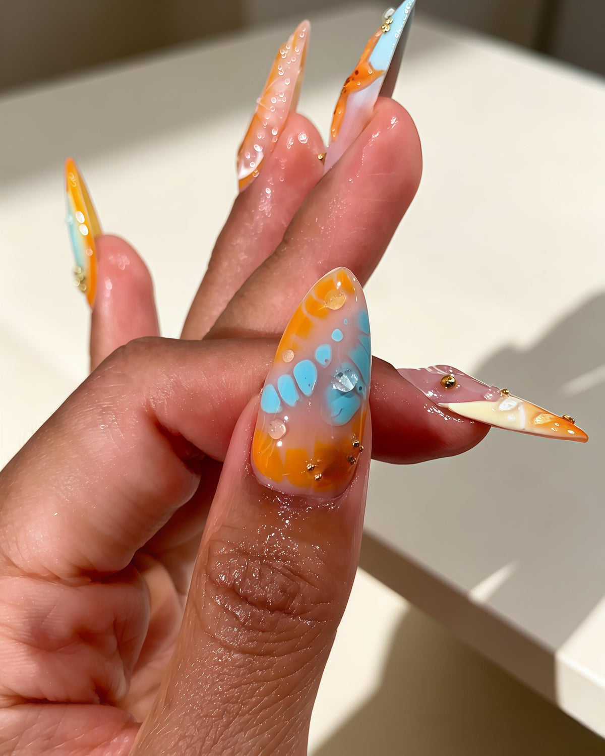 Orange and Blue Citrus Flower Press On Nails with Gold Flakes and Raised Details