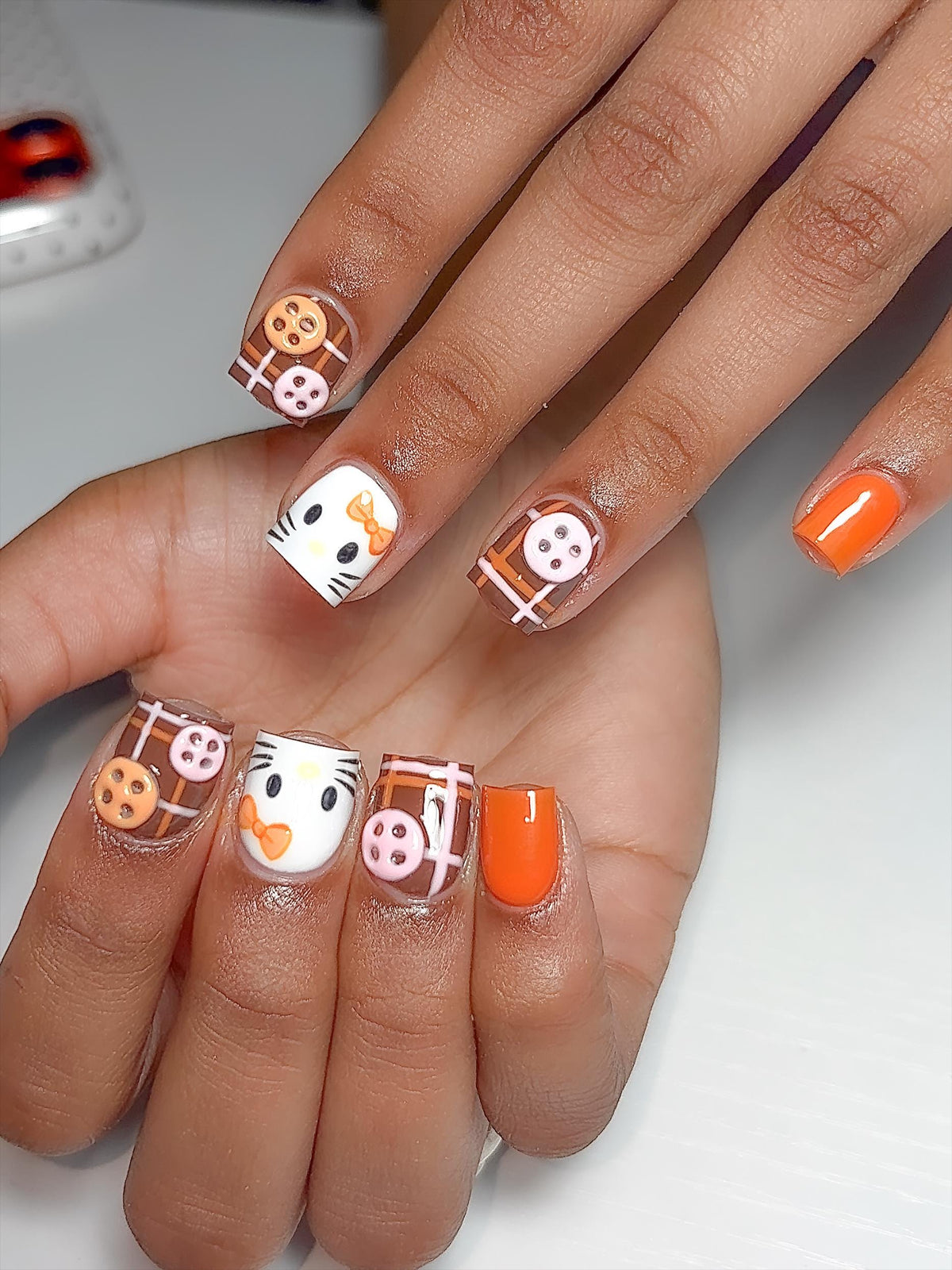 Orange and Brown Plaid Kitty Nails with 3D Button Charms