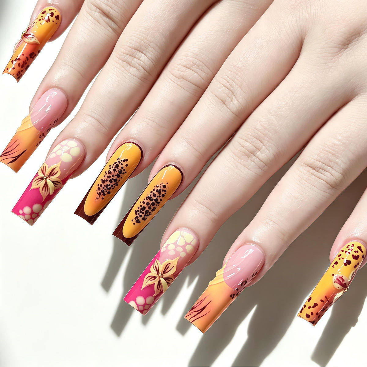 Orange and Pink Summer Leopard Floral Press-On Nail Set