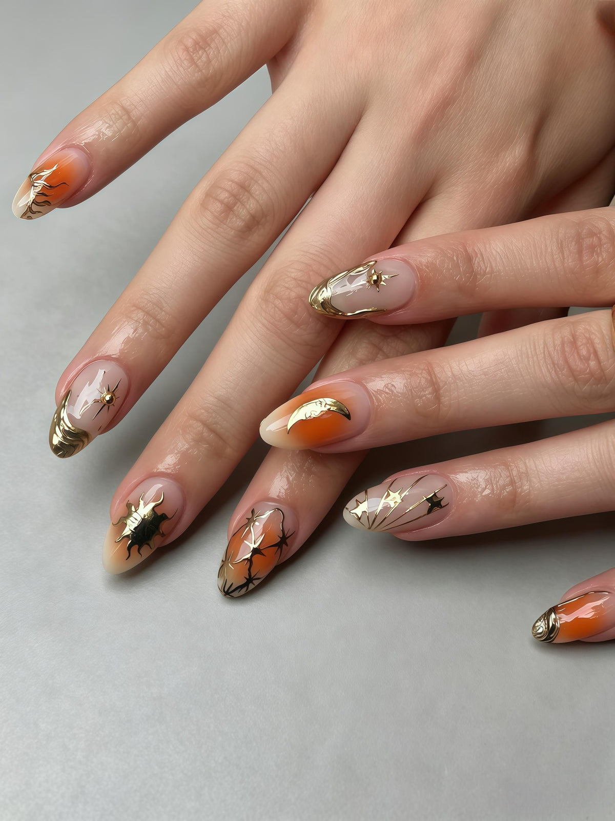 Orange Celestial Sun, Moon & Star Nails With Gold Foil