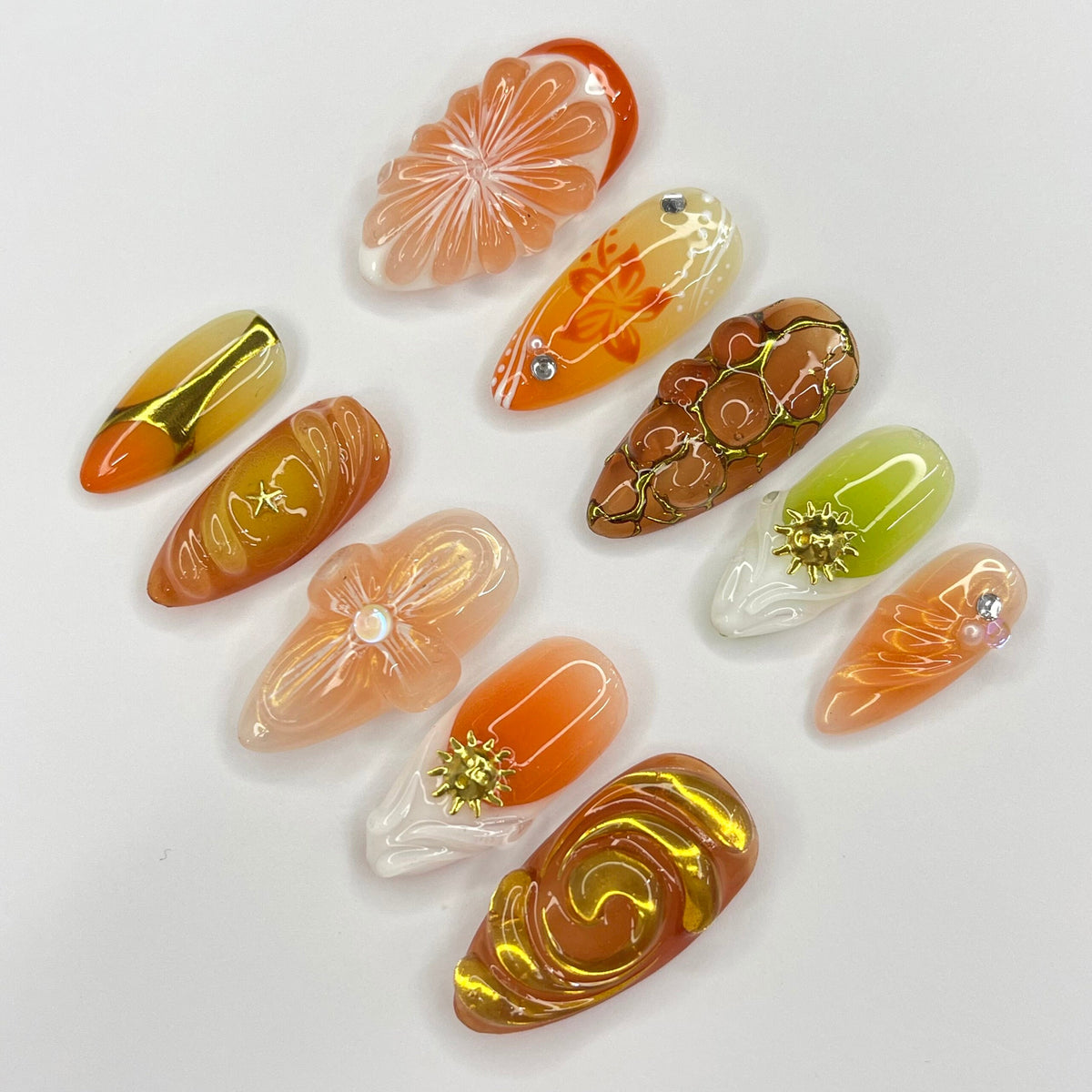 Orange Citrus and Sculpted Flower Press On Nails with Gold Accents