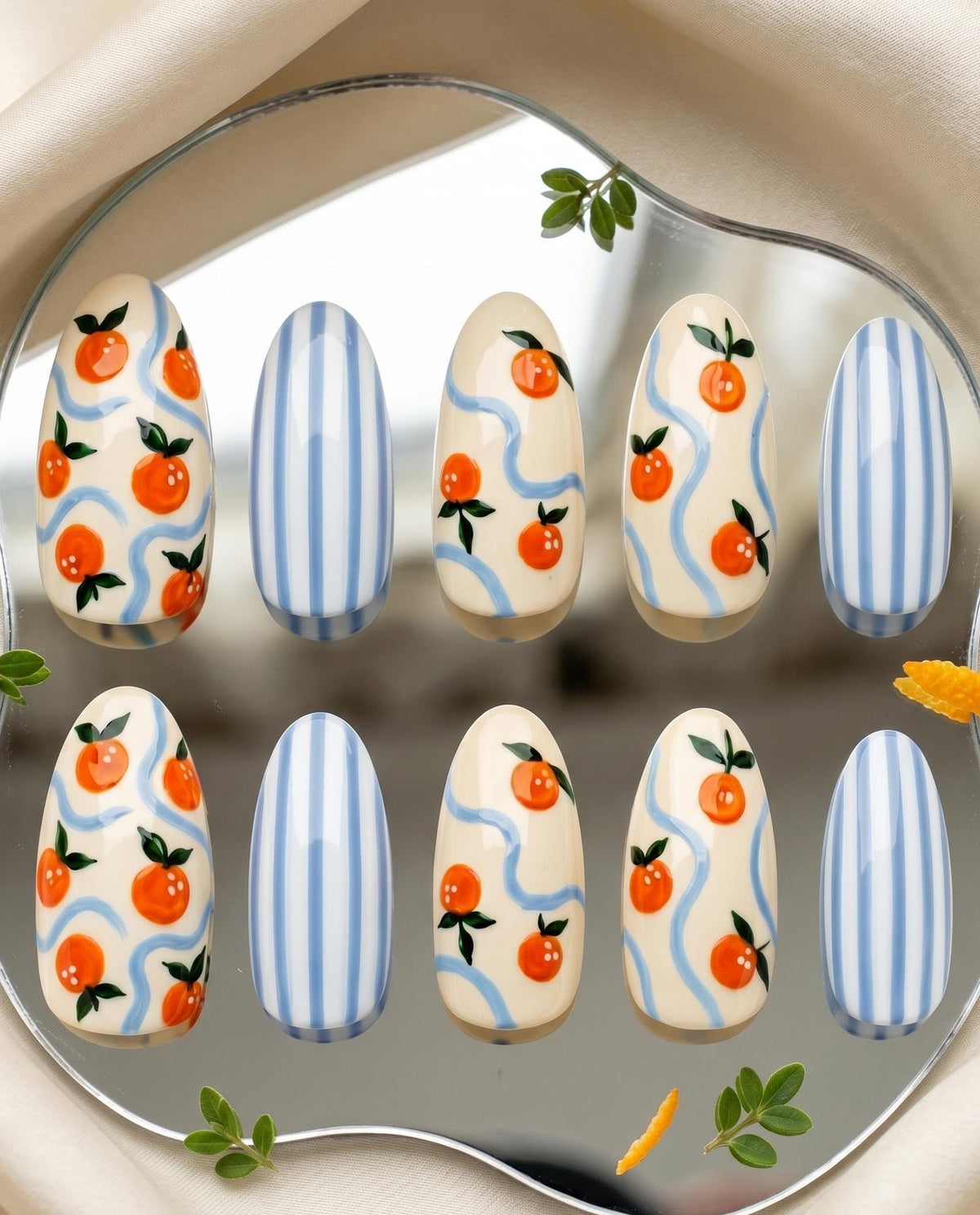 Orange Fruit and Blue Stripe Summer Press On Nails with Wavy Accents
