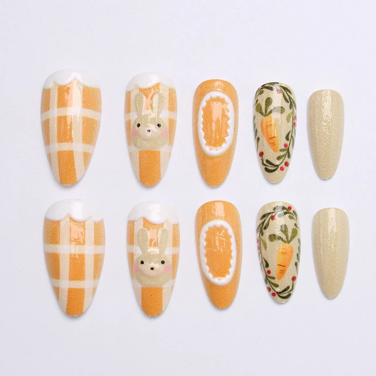 Orange Plaid Bunny and Carrot Nail Set