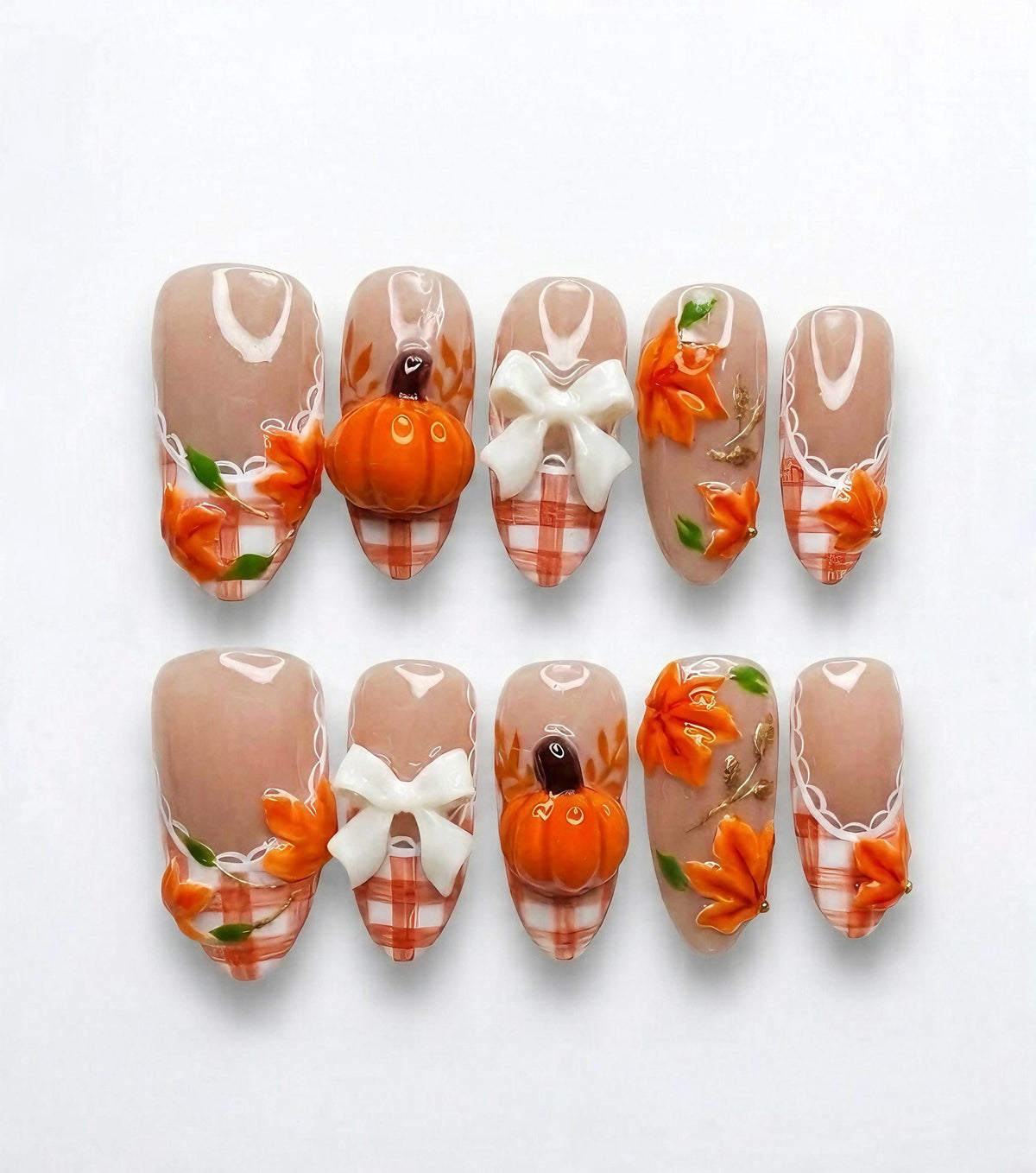 Orange Plaid French Tip Press On Nails With 3D Pumpkins, Bows and Autumn Leaves