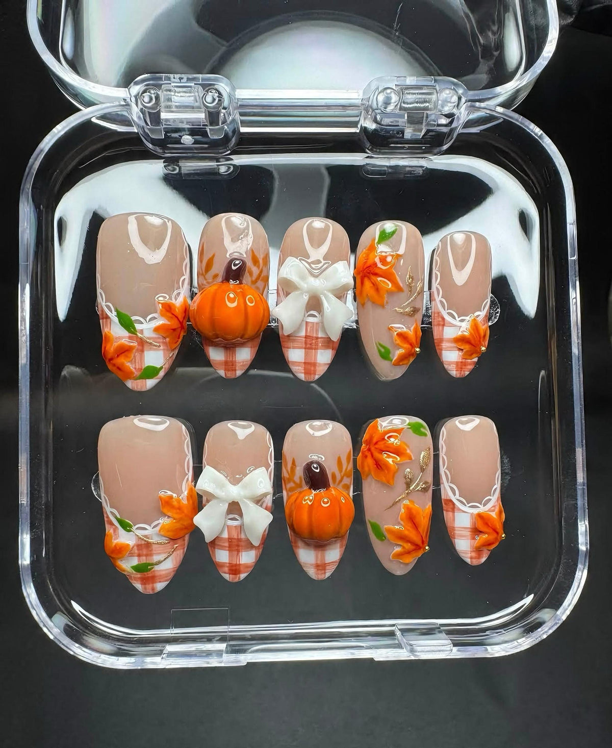 Orange Plaid French Tip Press On Nails With 3D Pumpkins, Bows and Autumn Leaves
