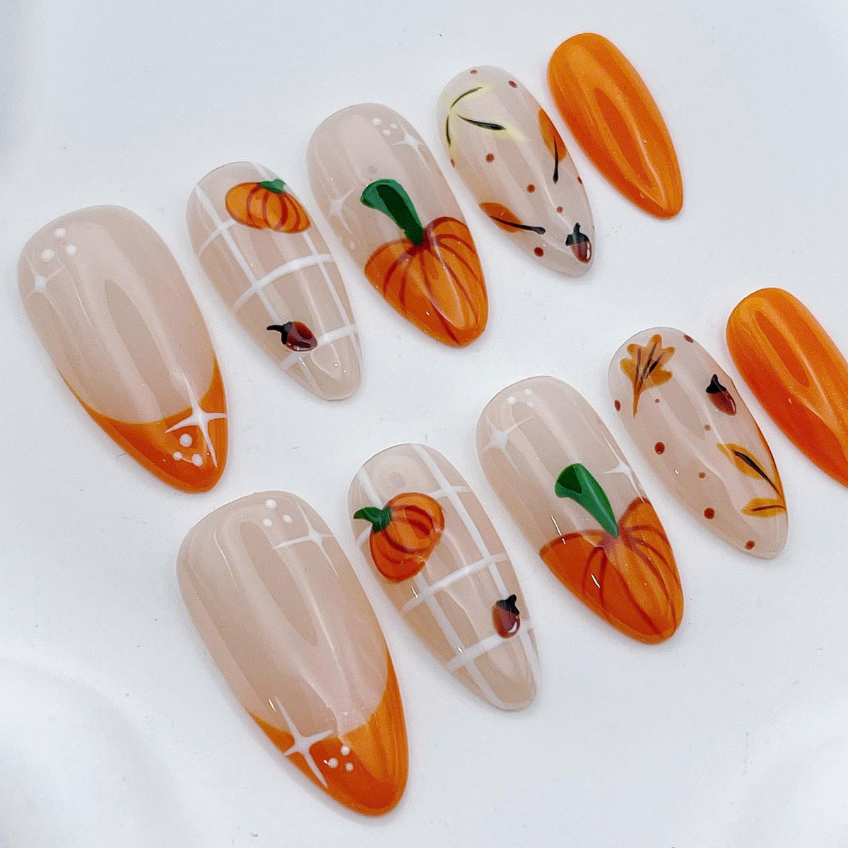 Orange Pumpkin and Autumn Leaf French Tip Nail Set